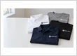 Custom polo shirts and branded shirts with your logo: navy polo, white shirt, grey and black tees